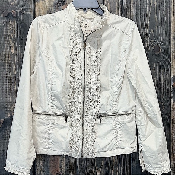 Peace Love Chill Jacket M Cream Ivory Zip Front Ruffles Pockets Boho Moto Style - Picture 1 of 7
